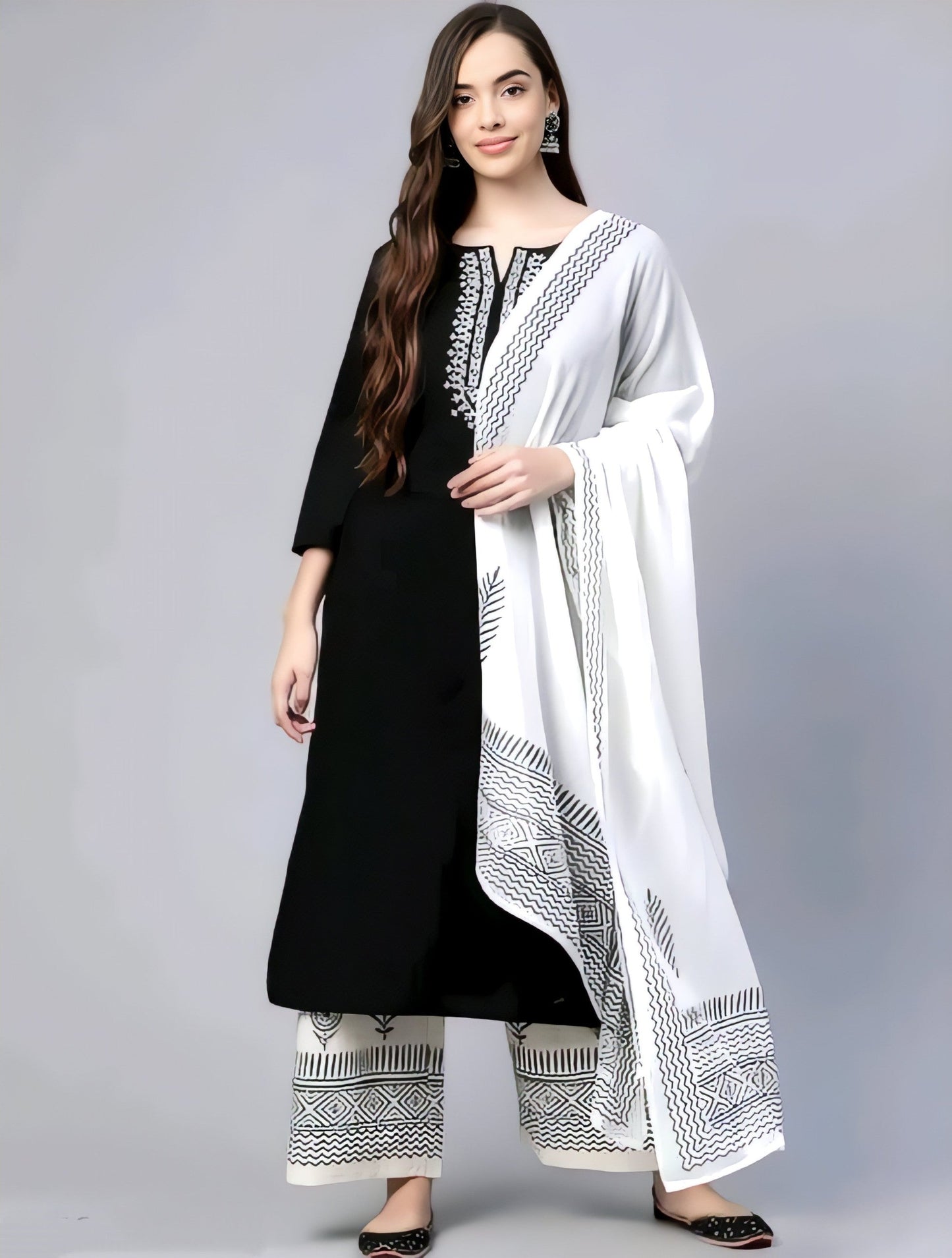 🖤⚪ Elegant Yoke Design Kurta Set with Dupatta & Palazzo
