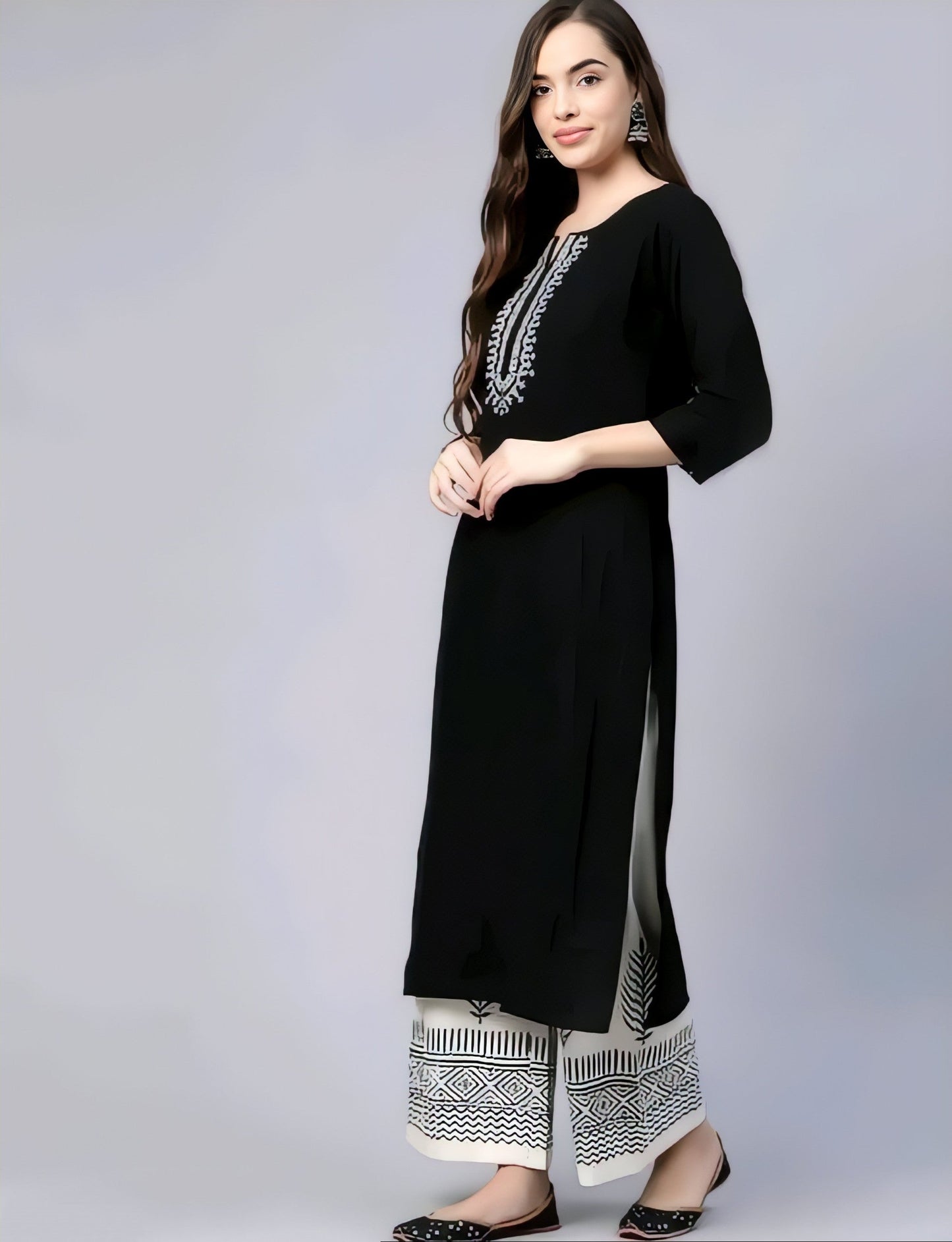 🖤⚪ Elegant Yoke Design Kurta Set with Dupatta & Palazzo