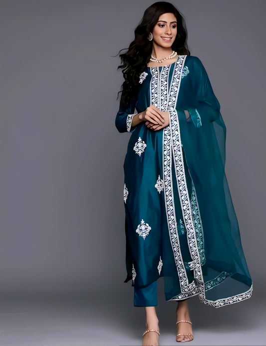 ✨💃 Elegant Teal Green & White Embroidered Kurta Set