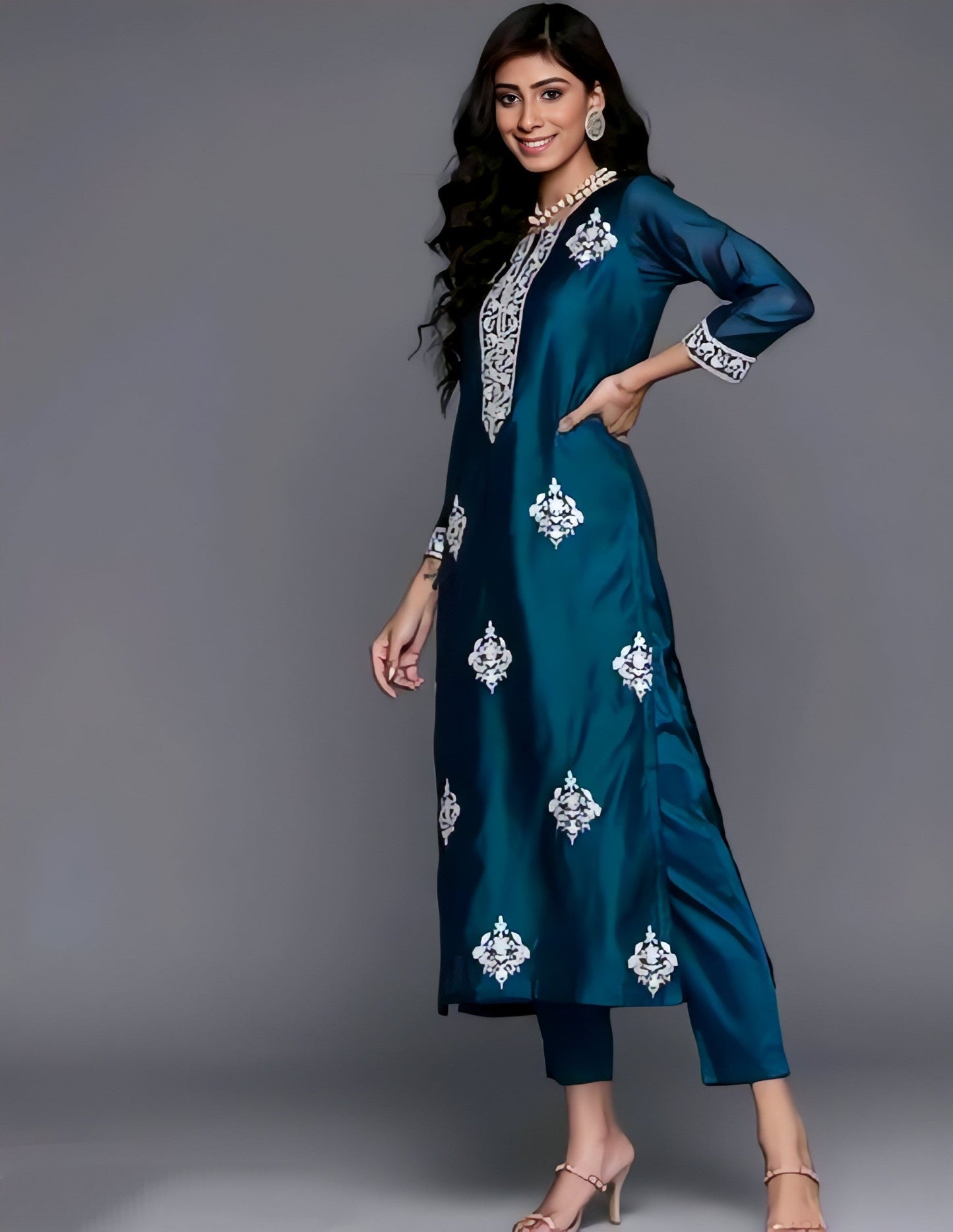 ✨💃 Elegant Teal Green & White Embroidered Kurta Set