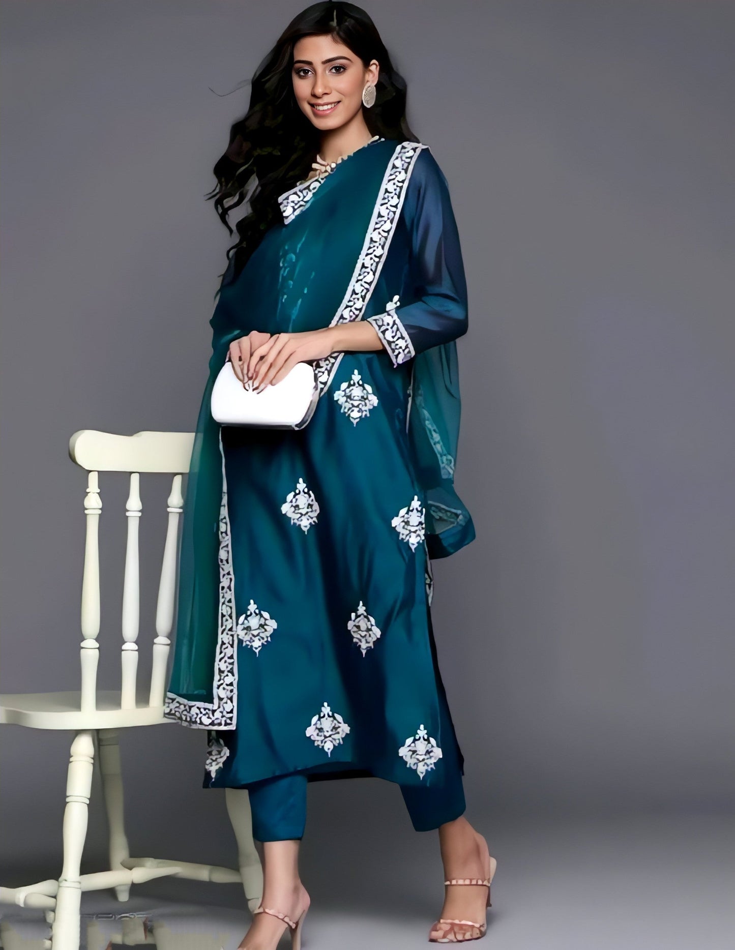 ✨💃 Elegant Teal Green & White Embroidered Kurta Set